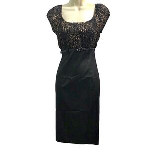 NWT Leopard Print Black Satin Empire Waist Dress Belted Women’s size 6 NEW‎